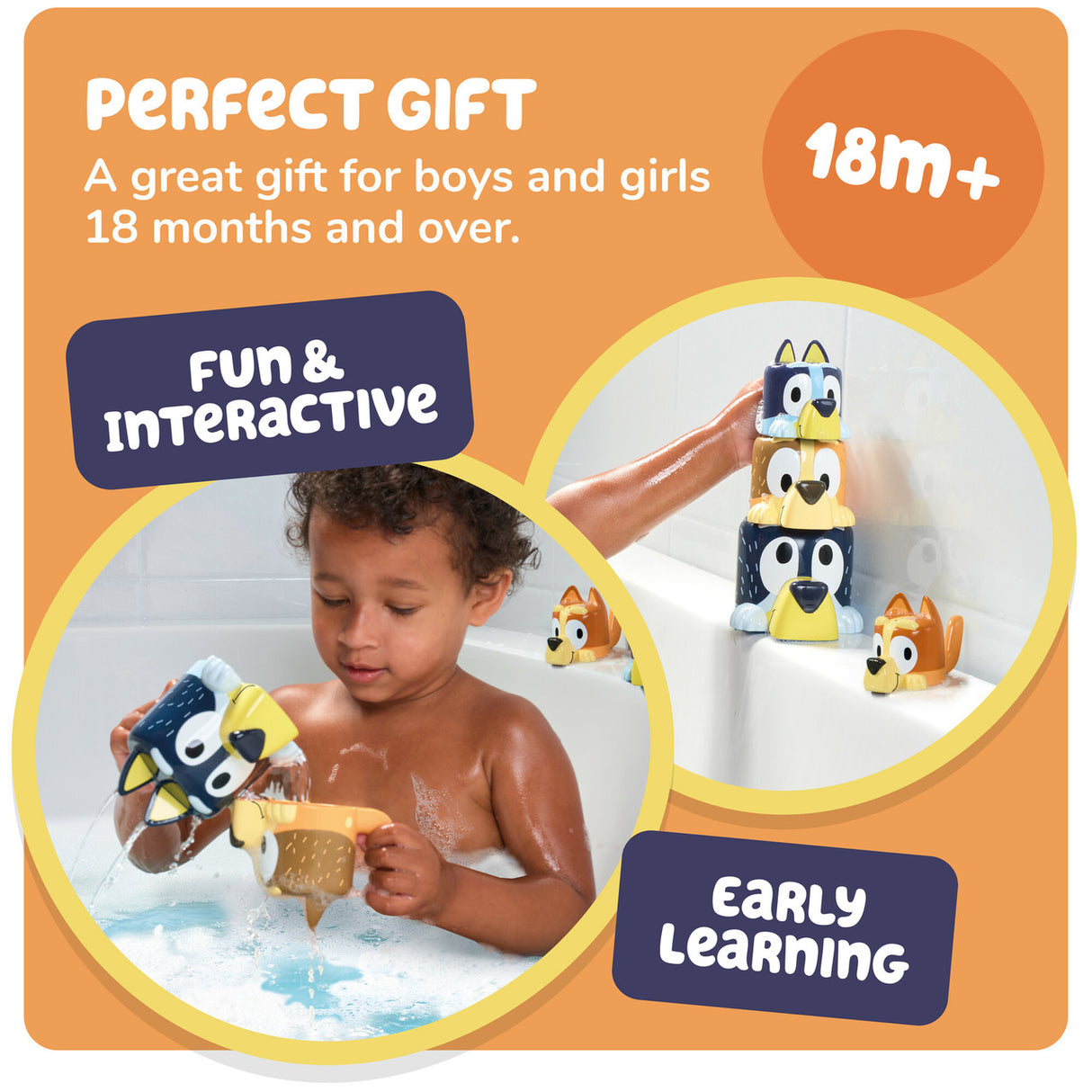 Bluey Family Pourers showing a child stacking and pouring with colorful bath toy cups for ages 18 months and up.