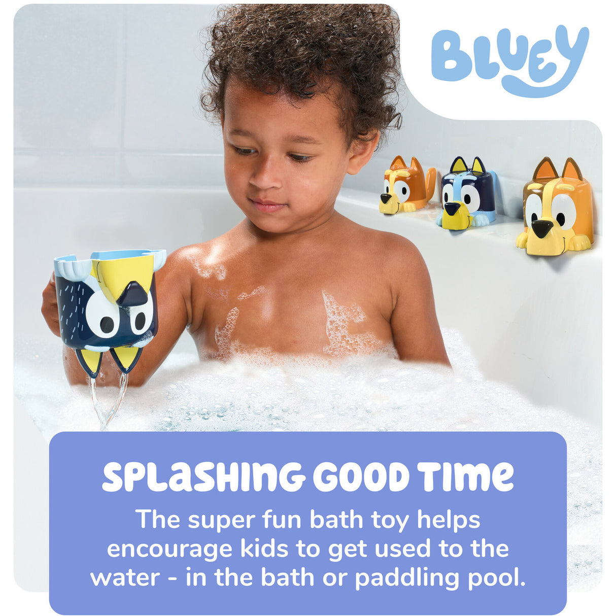 Child playing with Bluey Family Pourers stacking pouring cups during bath time for fun and water play.