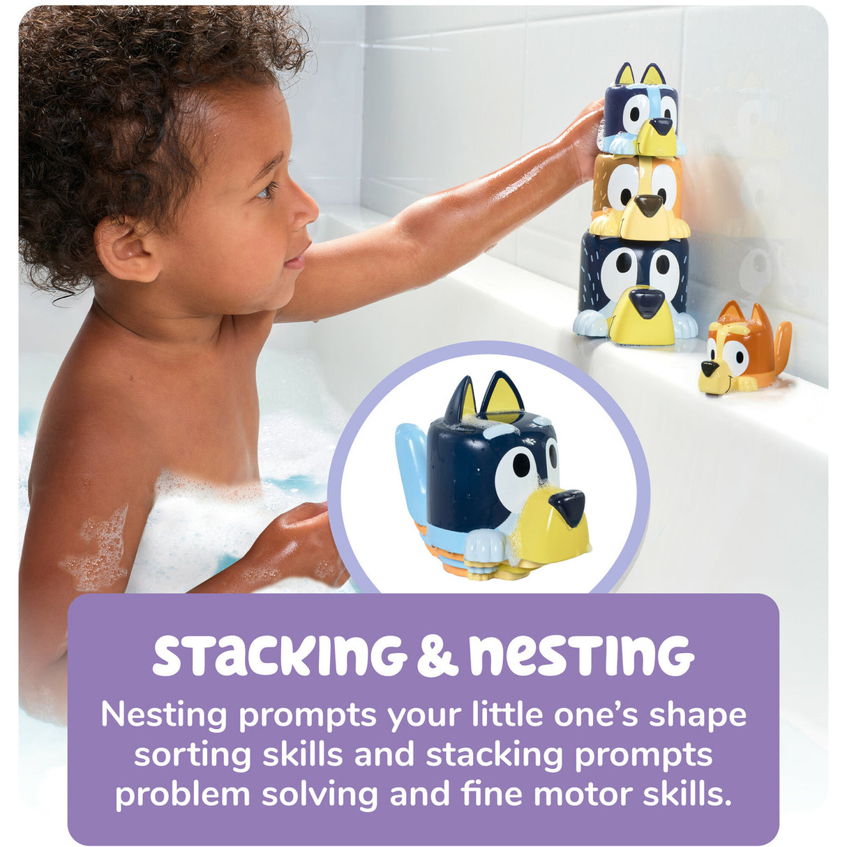 Child playing with Bluey Family Pourers stacking and nesting bath toys on the tub edge for fine motor skills.