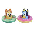 Bluey Splash & Float bath toys featuring colorful floating rings with Bluey and Bingo characters for water play.