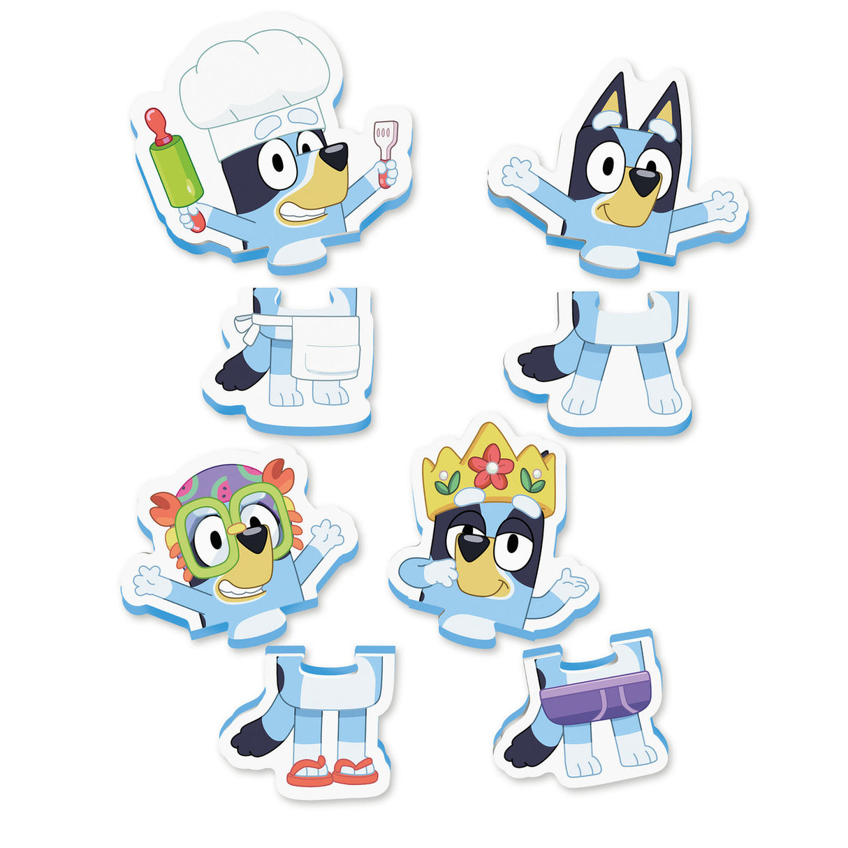 Bluey Bath Puzzle foam pieces with mix-and-match outfits including chef, crown, and colorful hats for toddlers.