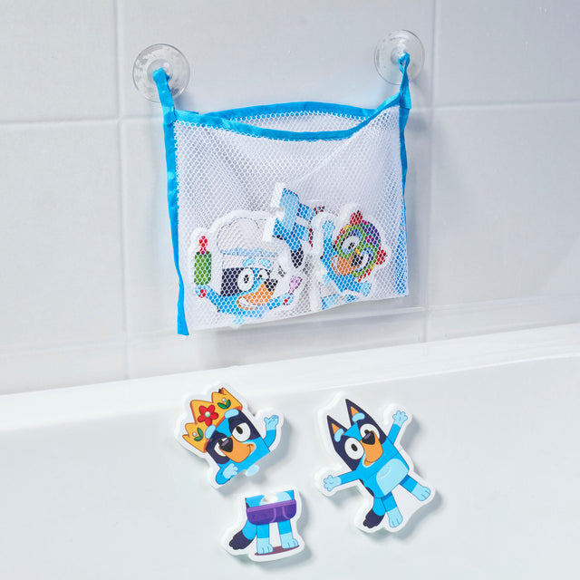 Bluey Bath Puzzle with soft foam pieces and mesh storage bag hanging in a bathtub for toddler play.