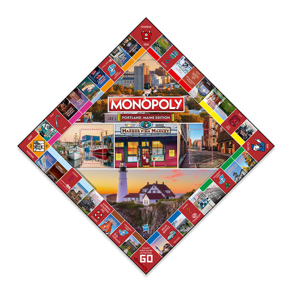 Monopoly Portland, Maine Edition board featuring local landmarks like Portland Head Light and Harbor Fish Market.