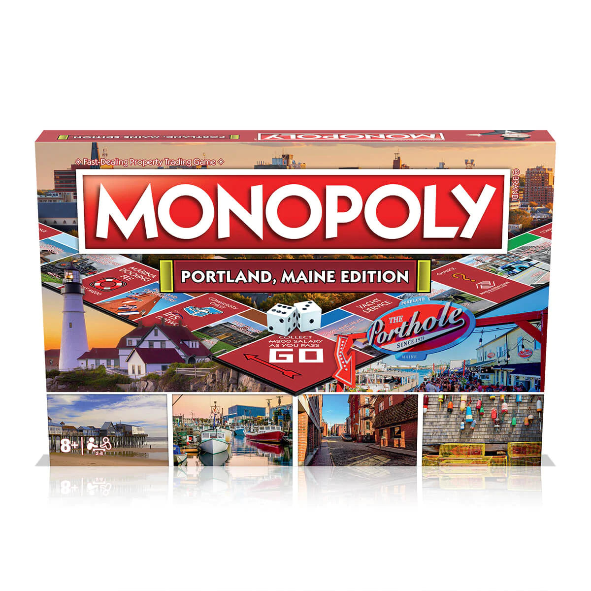 Monopoly Portland, Maine Edition board game box featuring local landmarks, tokens, and colorful Portland-themed design.
