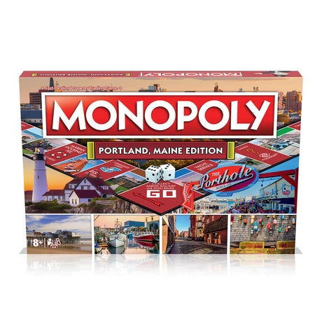 Monopoly Portland, Maine Edition board game box featuring local landmarks, tokens, and colorful Portland-themed design.