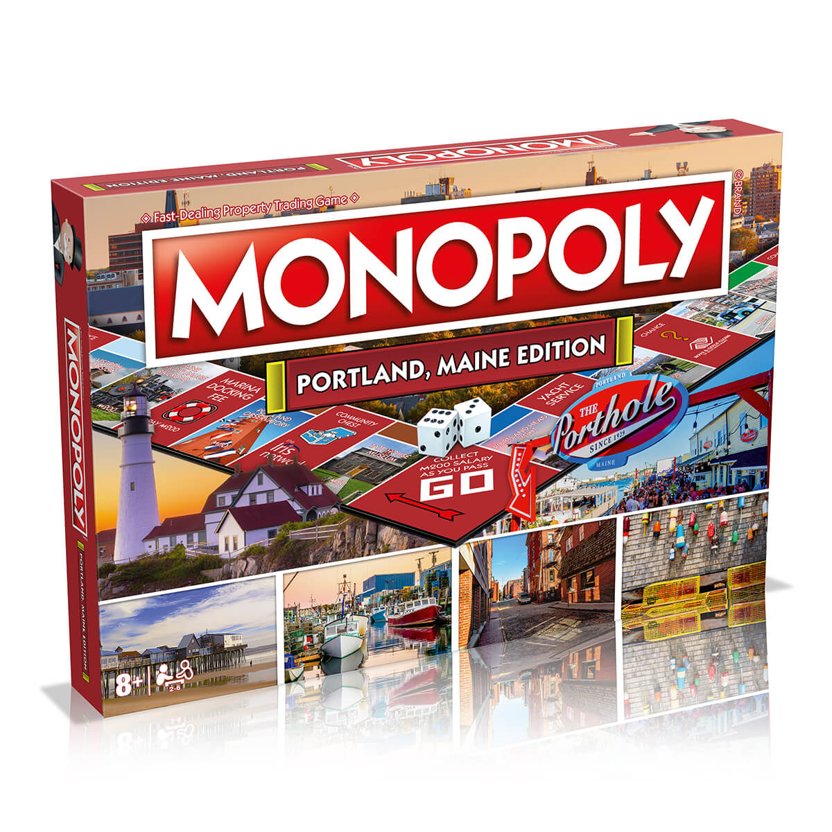 Monopoly Portland, Maine Edition board game featuring local landmarks, harbor scenes, and classic game elements for 2-6 players.