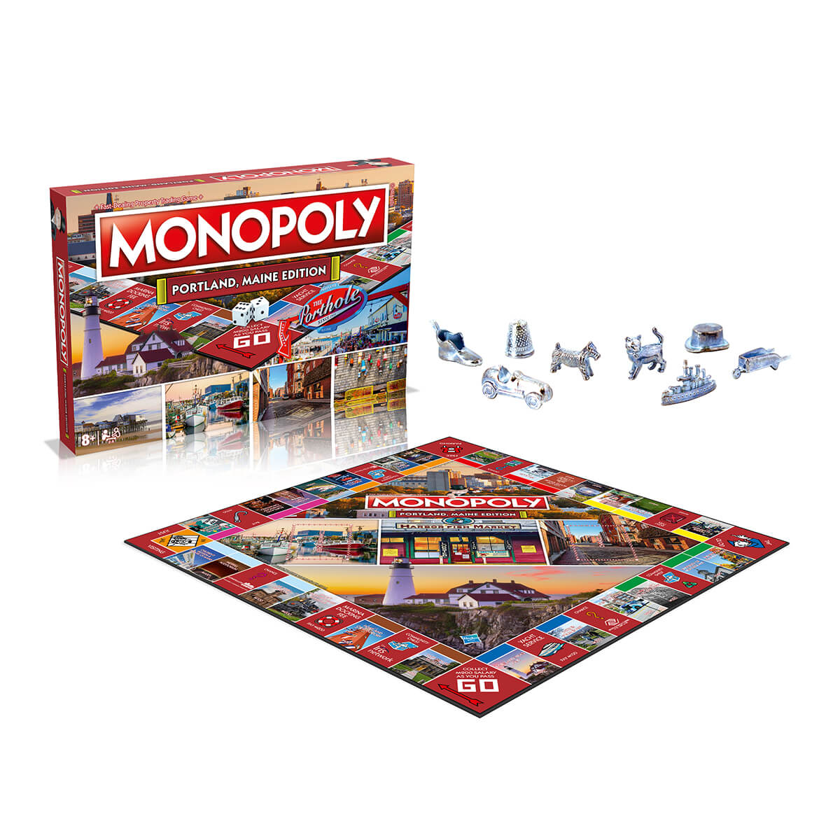 Monopoly Portland, Maine Edition board game with custom tokens and colorful board featuring local landmarks and icons.