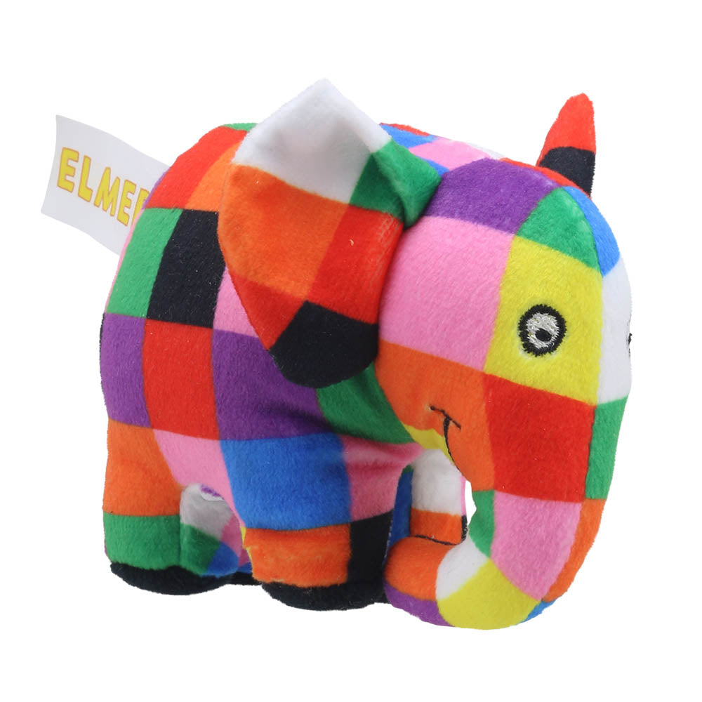 Elmer Finger Puppet soft plush in colorful patchwork design with embroidered eyes, safe and perfect for pockets and adventures.