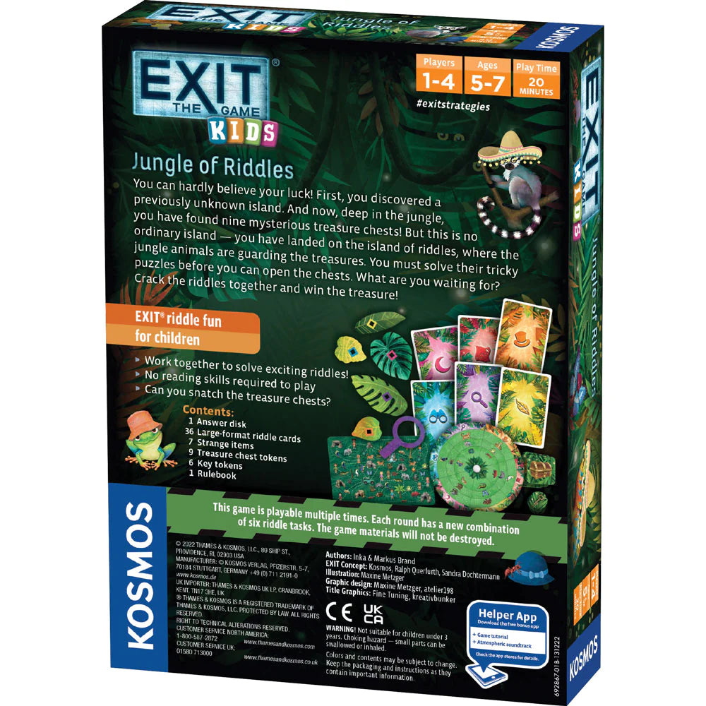 Exit Kids: Jungle of Riddles board game box showing colorful jungle-themed puzzle cards and treasure chests for ages 5-7.