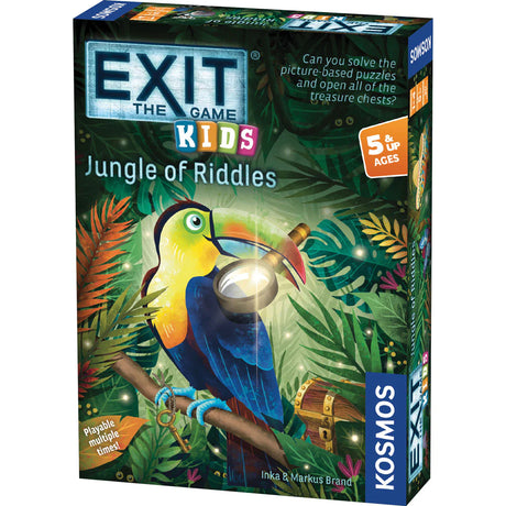 Exit Kids: Jungle of Riddles game box with colorful toucan and jungle background, treasure chest visible.