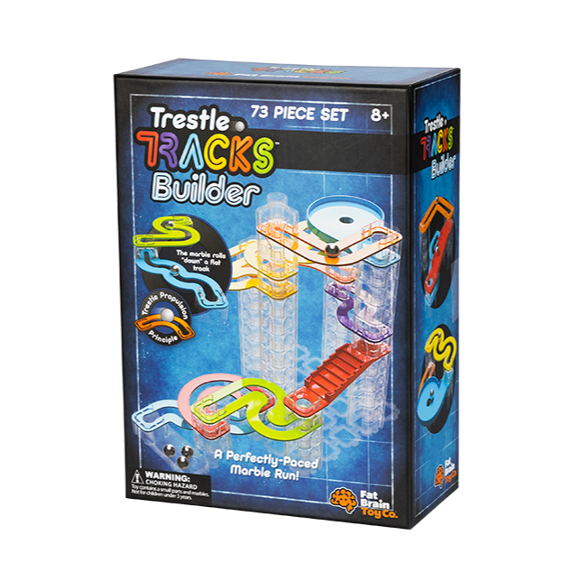 Trestle Tracks Builder Set featuring stacking cubes and colorful tracks for creative marble runs, suitable for ages 8 and up.