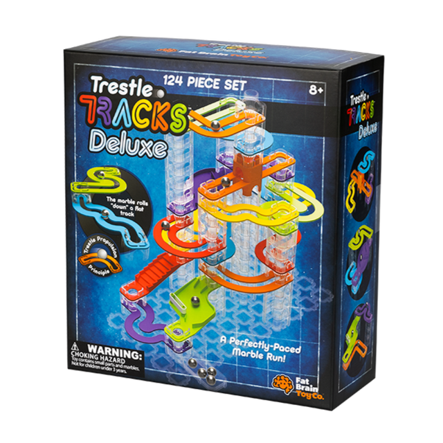 Trestle Tracks Deluxe Set with colorful stacking cubes and curved tracks creating a marble run for ages 8 and up.