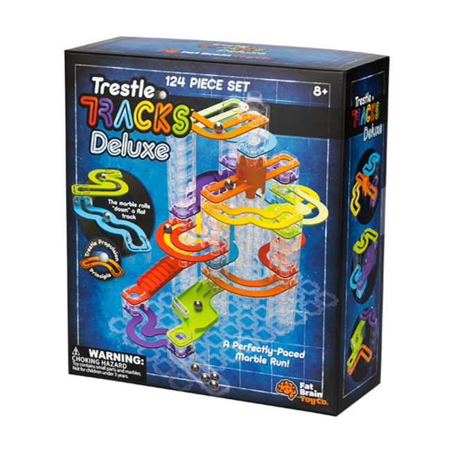 Trestle Tracks Deluxe Set with colorful stacking cubes and curved tracks creating a marble run for ages 8 and up.