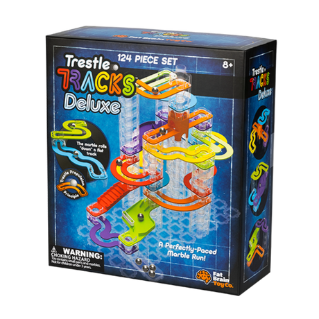 Trestle Tracks Deluxe Set with colorful stacking cubes and curved tracks creating a marble run for ages 8 and up.