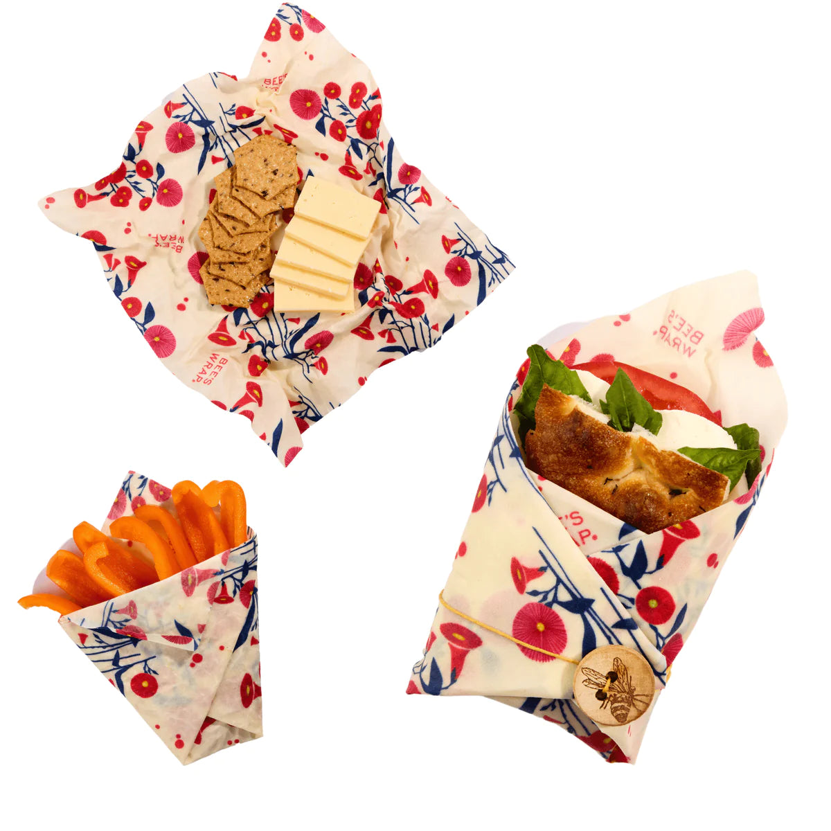 Bee's Wrap Lunch Pack Wrap - Full Bloom with sandwich, crackers, cheese, and sliced bell peppers in reusable wraps.