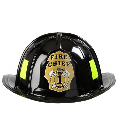 FireFighter Helmet Black with Fire Chief badge, adjustable youth size, glossy finish, and yellow reflective stripes.