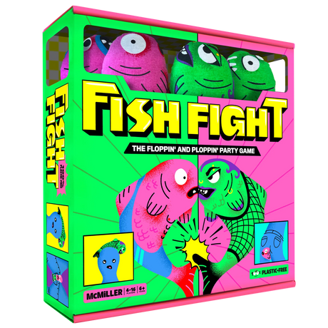 Fish Fight party game box featuring colorful plush fish characters for indoor and outdoor family fun.