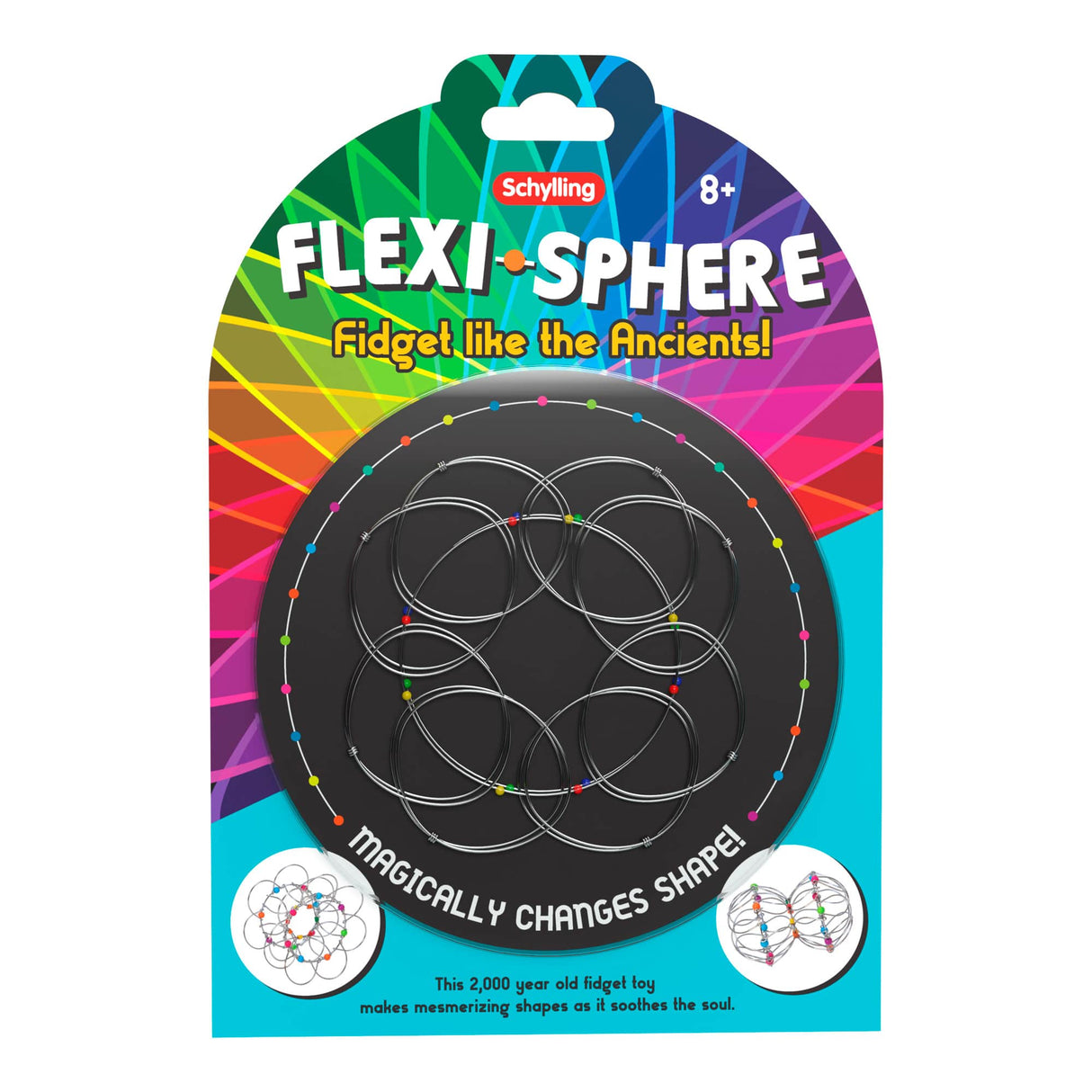 Flexi-Sphere fidget toy with glass beads and flexible silver wire, collapsing and expanding into mesmerizing shapes for ages 8 and up.