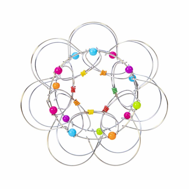 Flexi-Sphere toy with colorful glass beads and silver wire, collapsible and expandable for fidgeting and stress relief.