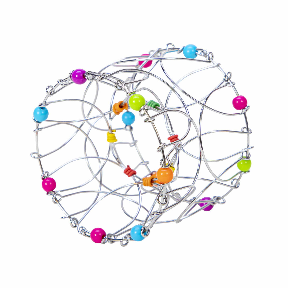 Flexi-Sphere fidget toy with colorful glass beads and silver wire, collapsible into beautiful, flexible shapes for all ages.