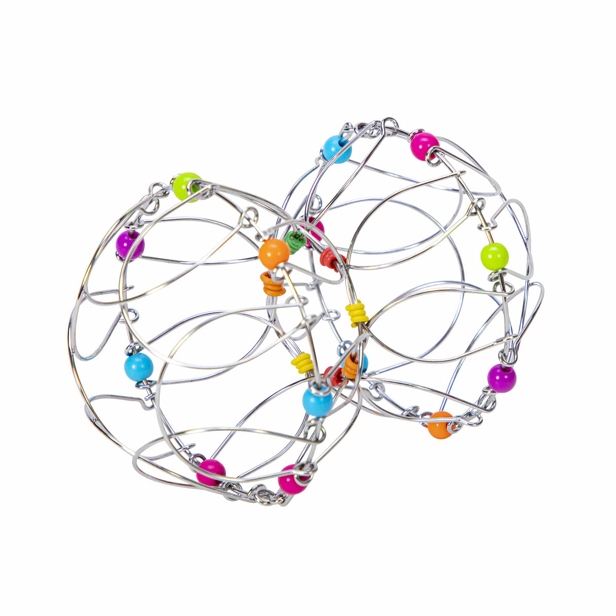 Flexi-Sphere collapsible silver wire sphere with colorful glass beads, perfect for fidgeting and creating beautiful shapes.