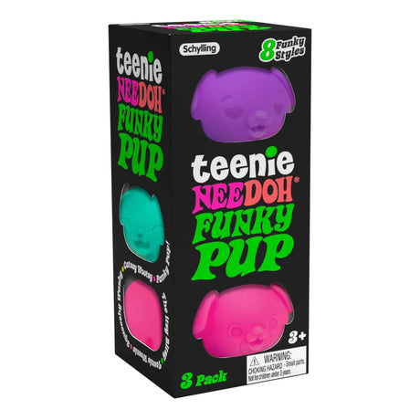 Packaging of Teenie NeeDoh Funky Pup showing three colorful dough-filled pups with 8 funky styles, suitable for ages 3+.