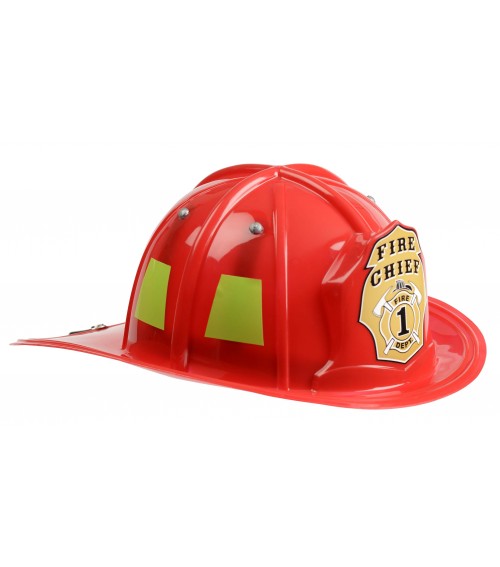 FireFighter Helmet Red with Fire Chief badge, adjustable youth size, easy to clean, suitable for ages 3 and up.