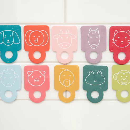 Animal Stacker Tub Hub foam animal flashcards with finger puppet rings for bath time learning and stacking fun.