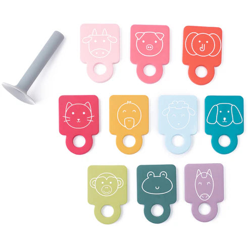 Animal Stacker Tub Hub with ten colorful foam animal flashcards and a suction stand for bath play and learning.