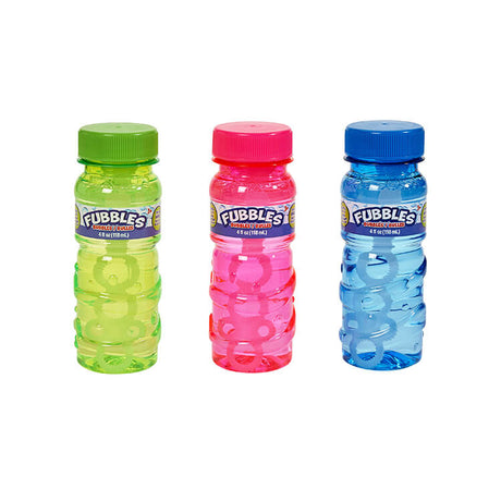 Fubbles 4oz bottles in green, pink, and blue with wands, perfect for outdoor bubble fun and party favors.