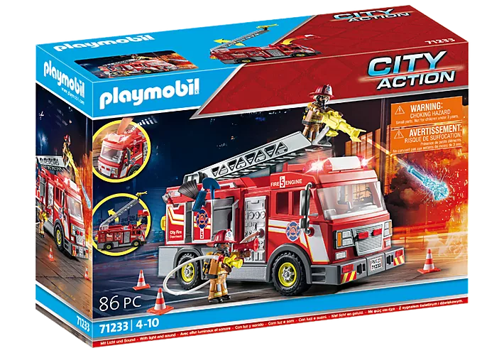 City Action | Fire Truck with Flashing Lights toy set featuring firemen, ladder, water cannon, and rescue accessories.