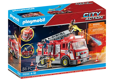 City Action | Fire Truck with Flashing Lights toy set featuring firemen, ladder, water cannon, and rescue accessories.