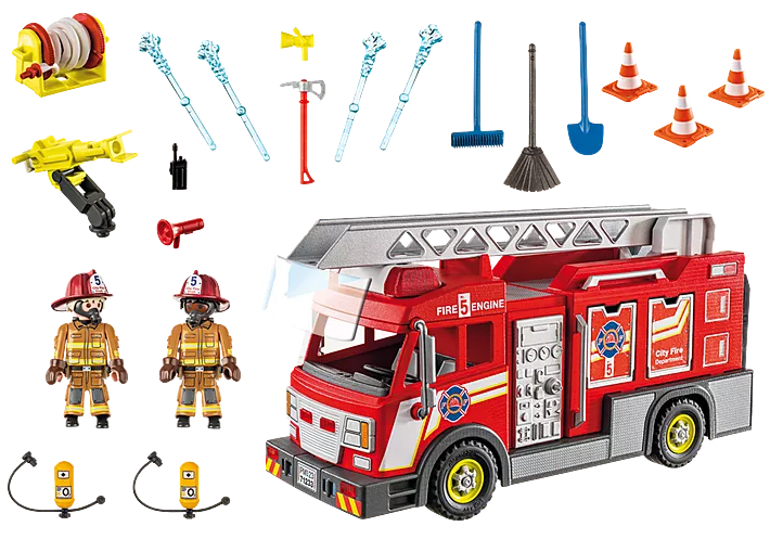 City Action | Fire Truck with Flashing Lights featuring ladder, water cannon, 2 firemen figures, and rescue accessories set.