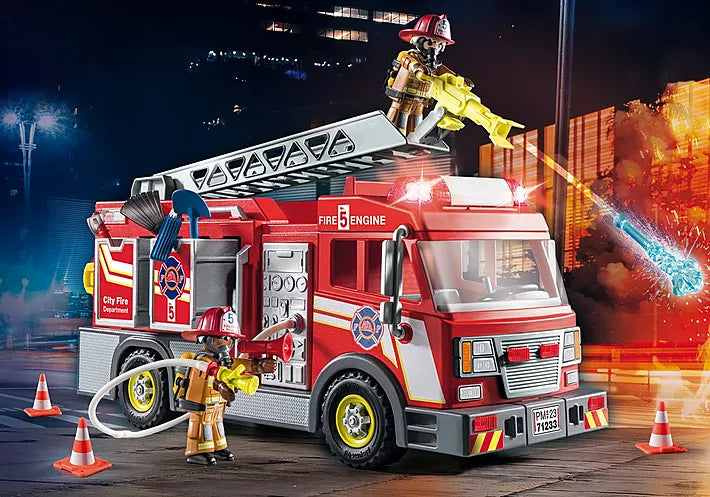 City Action | Fire Truck with Flashing Lights featuring a ladder, water cannon, and two firefighter figures.