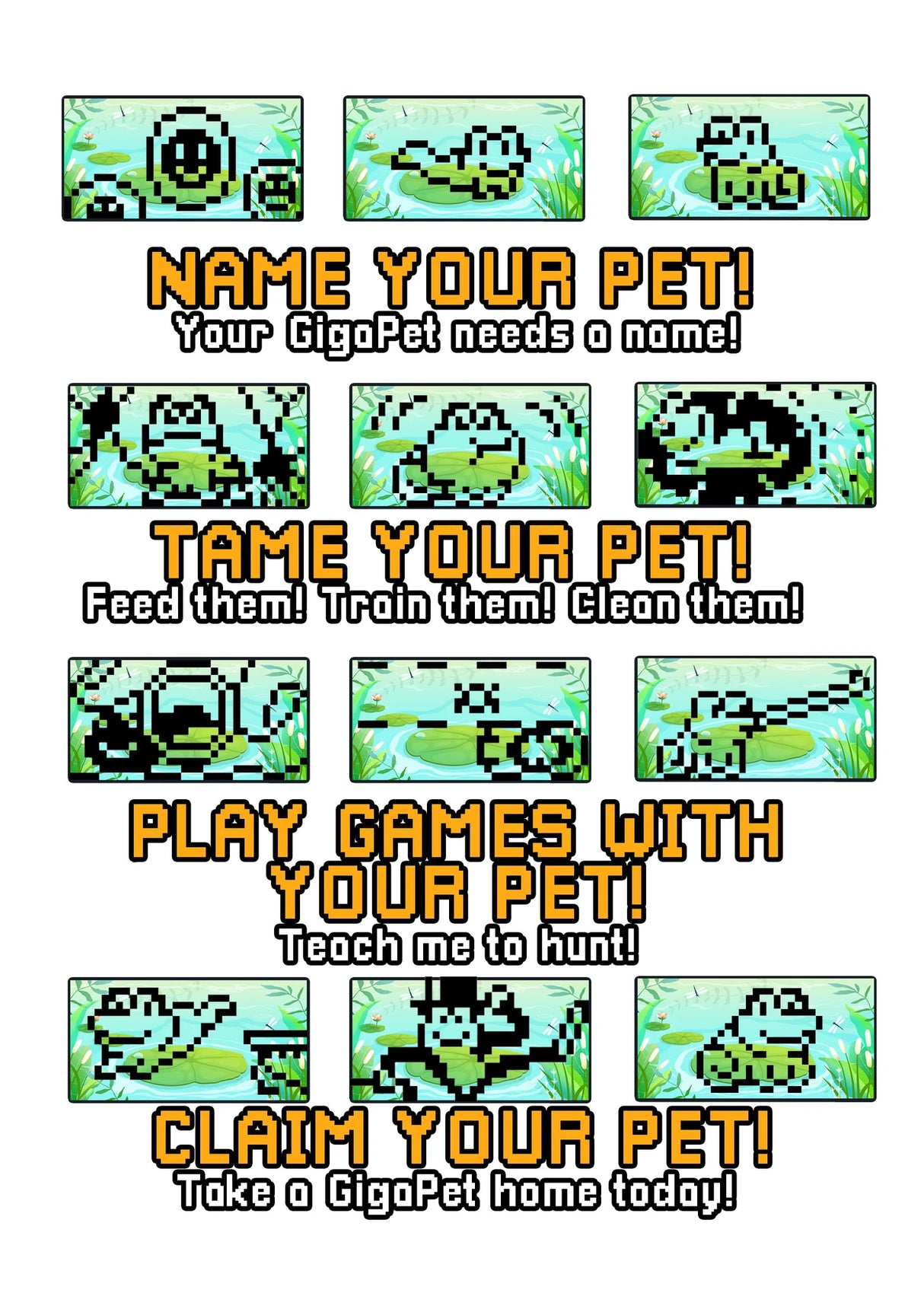 GigaPets Floppy Frog virtual pet screen showing pixel art frog and game instructions to name, tame, play, and claim your pet.