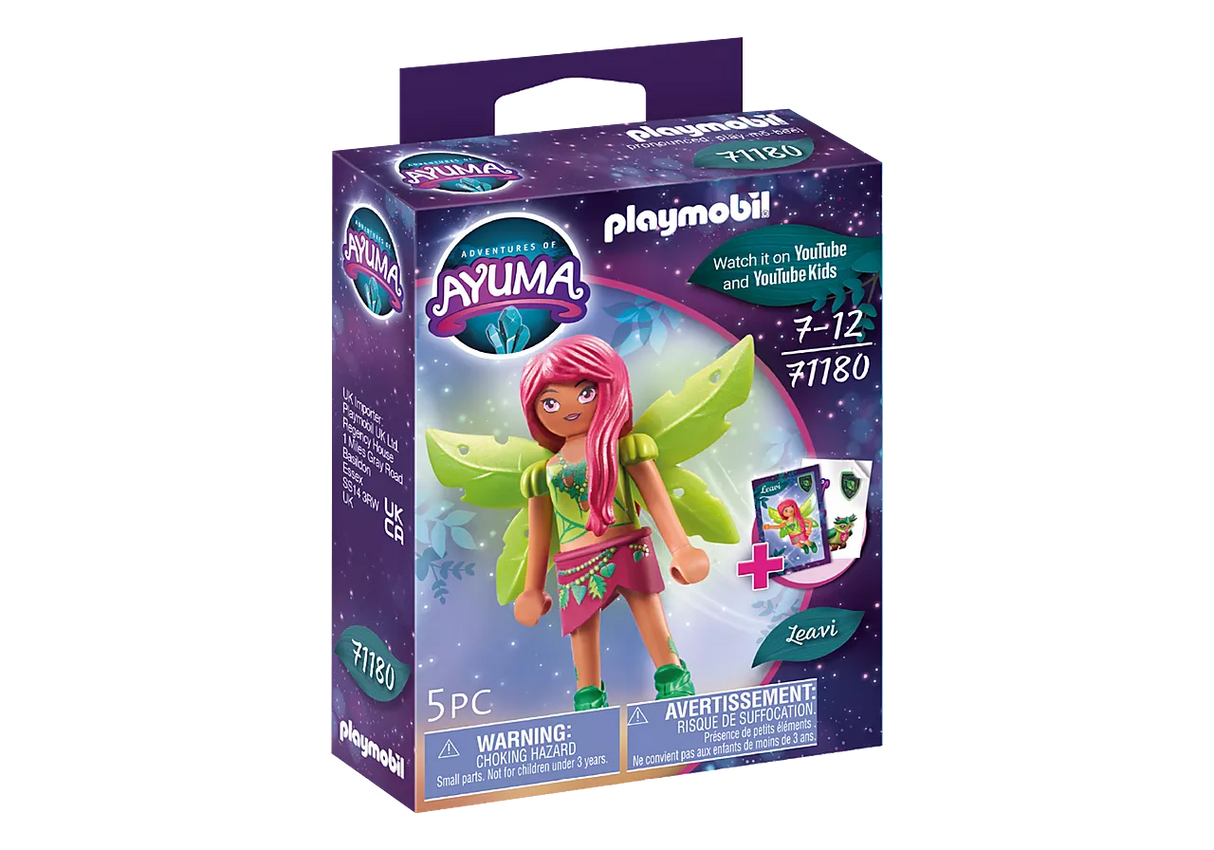 Ayuma | Forest Fairy Leavi playset with fairy figure, wings, skirt, stickers, and trading card for imaginative play.