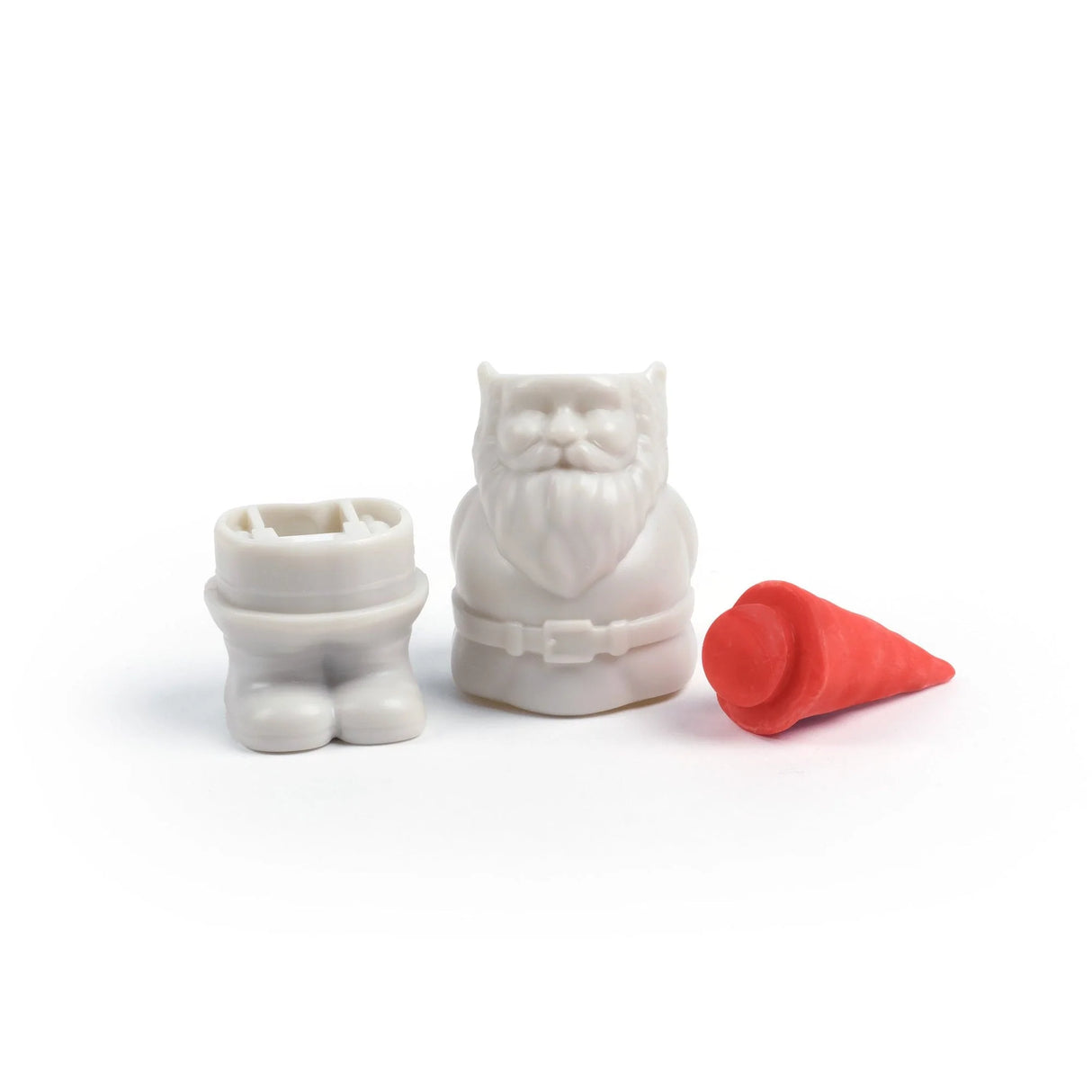 Desk Gnome pencil holder with sharpener base and red eraser hat, disassembled to show all parts clearly.