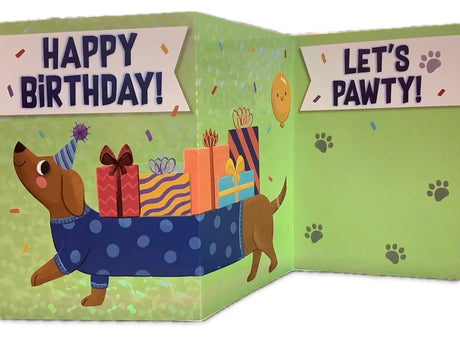 Let's Pawty Tri-Fold Card showing a dachshund in a party hat with gifts and "Happy Birthday" and "Let's Pawty" text inside.