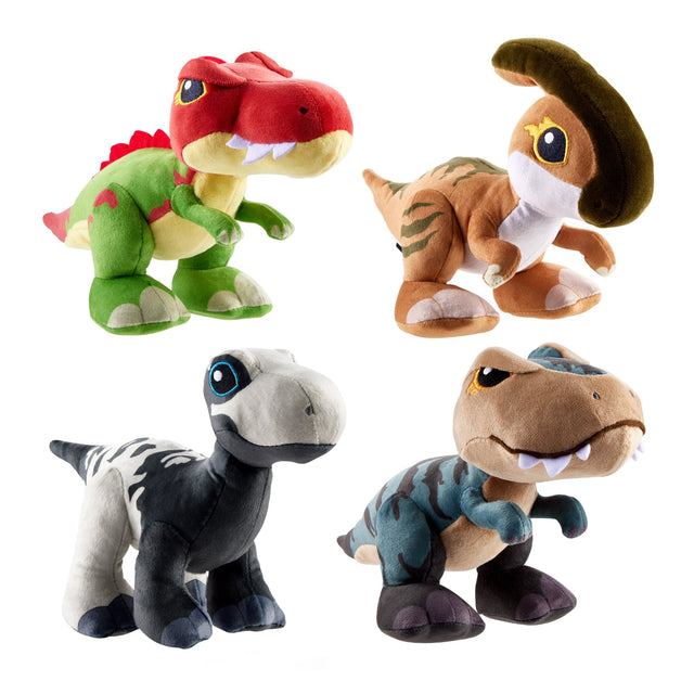 Jurassic World Dino plush toys featuring colorful, soft dinosaurs with sound, perfect for kids ages 3 and up.