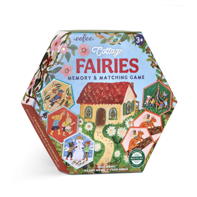 Cottage Fairies Memory & Matching Game with cozy fairy artwork and shiny gold foil in a hexagonal box for ages 3 and up.
