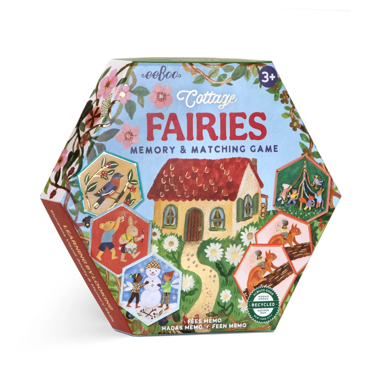 Cottage Fairies Memory & Matching Game with cozy fairy artwork and shiny gold foil in a hexagonal box for ages 3 and up.