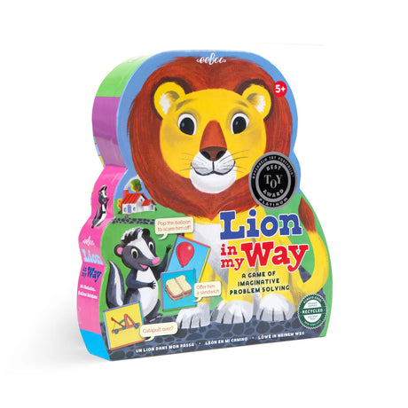 Lion in My Way board game box shaped like a lion’s head featuring colorful illustrations and award badge.