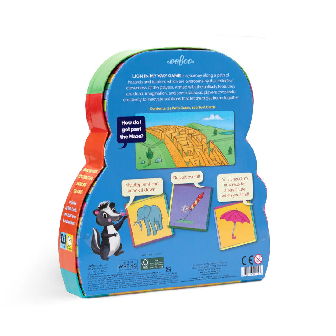 Lion in My Way game box showing colorful cards and a maze, illustrating teamwork and creative problem-solving for kids.