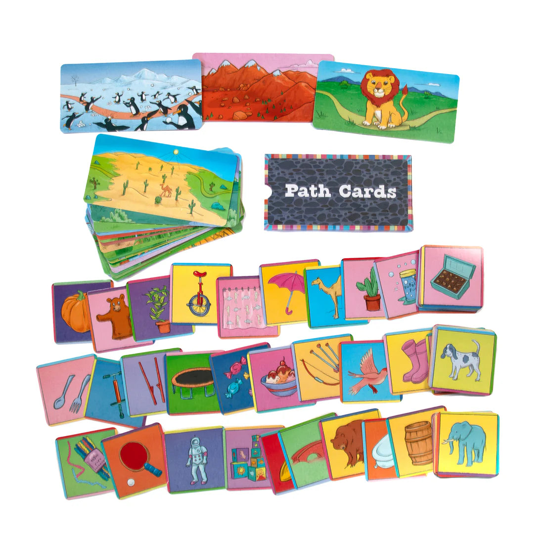Lion in My Way game cards showing colorful path and tool cards for creative cooperative play.