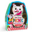 Picnic Spin to Play game box featuring a hedgehog and mouse with colorful picnic-themed illustrations for ages 3+