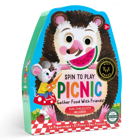 Picnic Spin to Play game box featuring a hedgehog and mouse with colorful picnic-themed illustrations for ages 3+