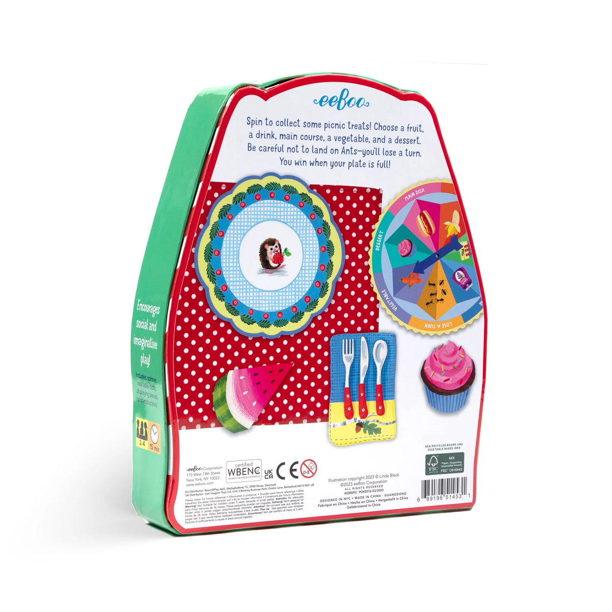 Picnic Spin to Play game packaging showing colorful spinner, die-cut food pieces, and playful picnic design on box.