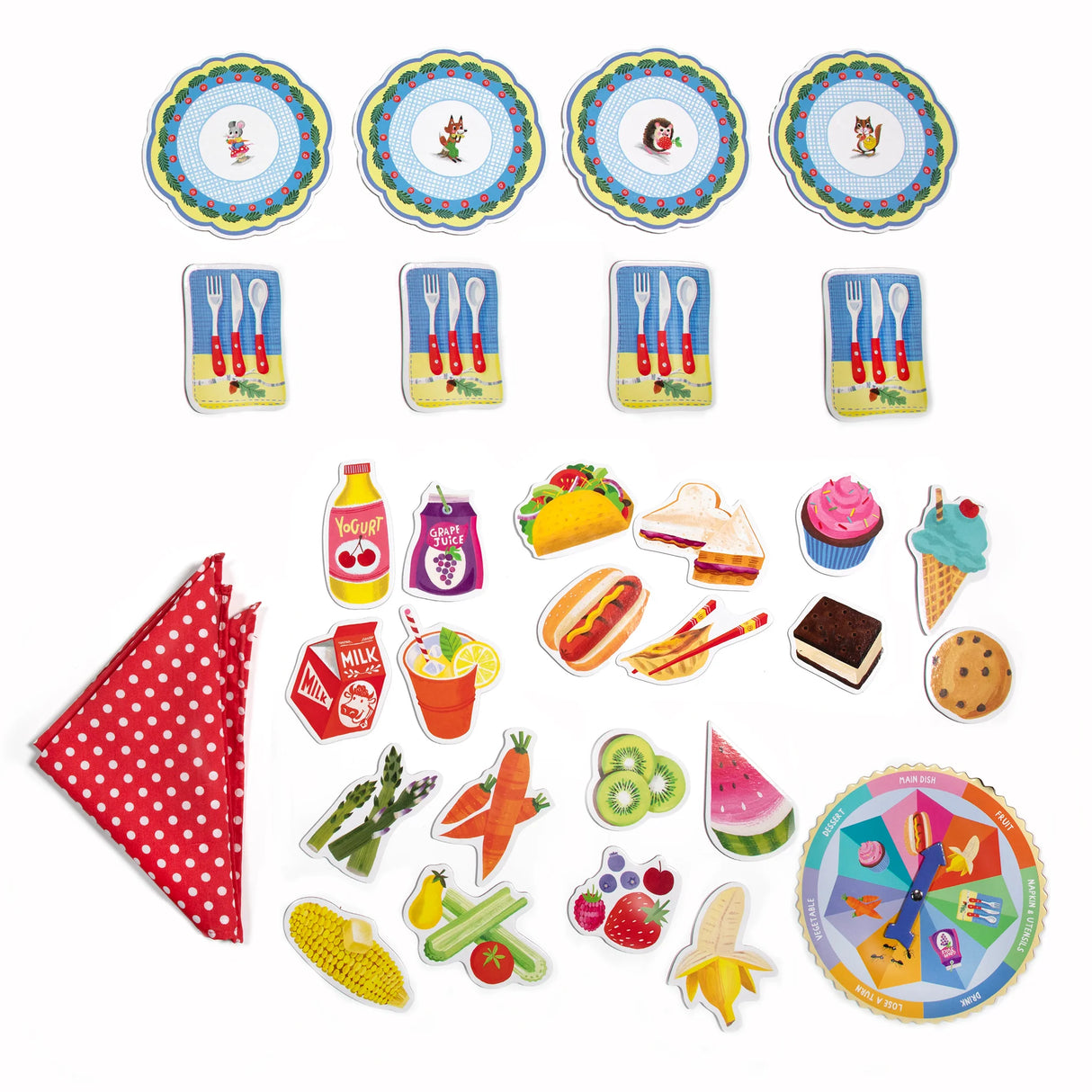 Picnic Spin to Play game with spinner, colorful picnic gear, food pieces, plates, silverware, and a red polka dot cloth.