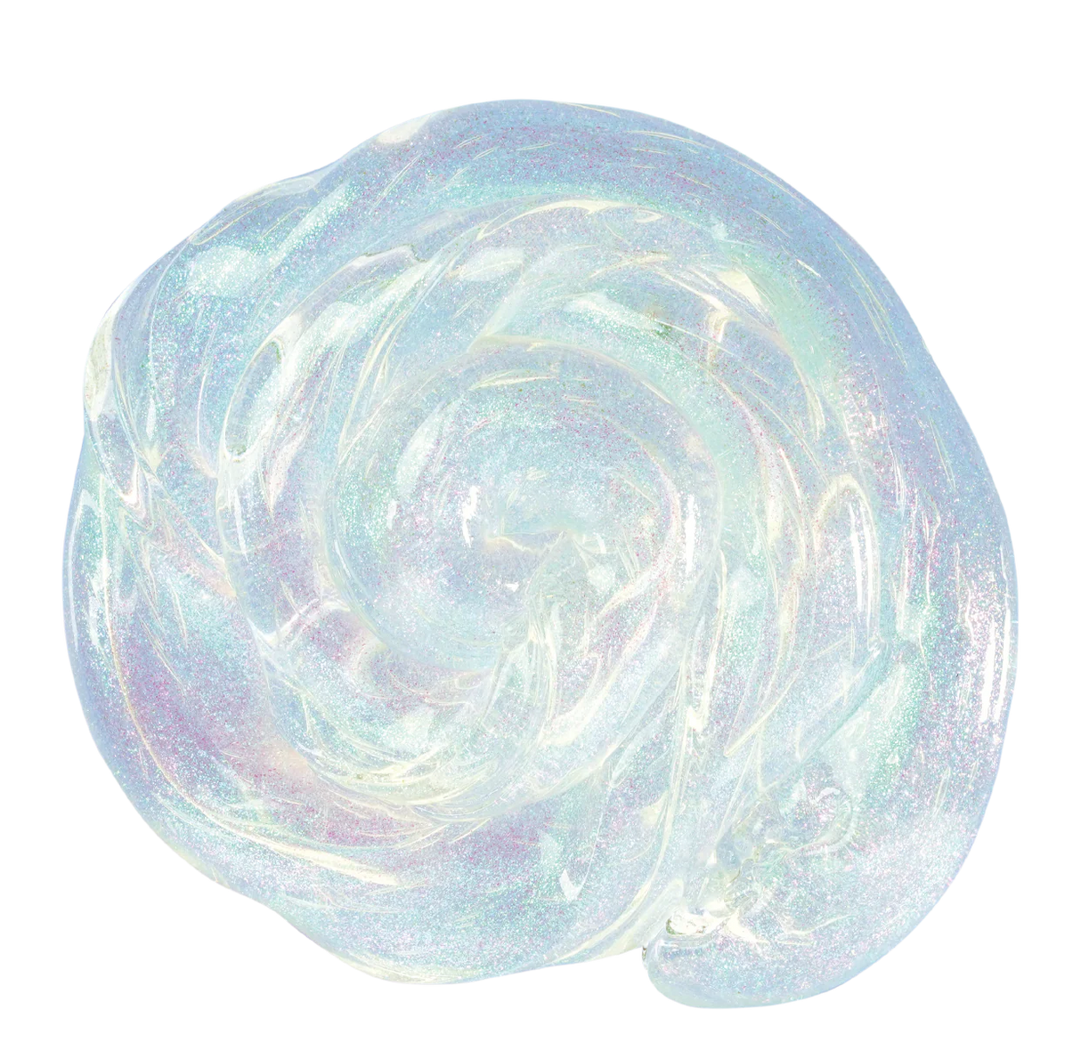 Liquid Glass Get Ready With Me Thinking Putty showing crystal-clear shimmer with pink and teal sparkles in a swirl shape.