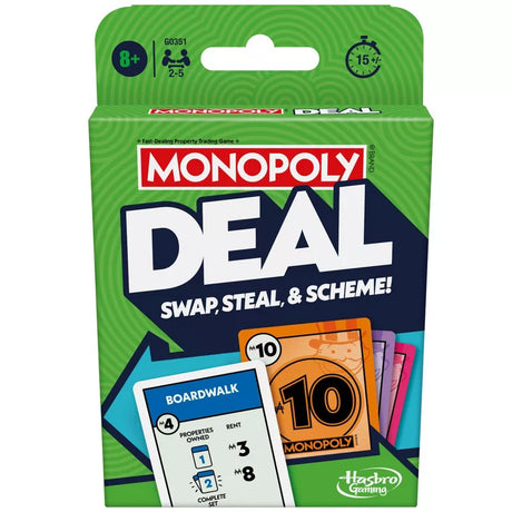 Monopoly Deal card game box with colorful property and action cards, perfect for fast-paced family fun ages 8 and up.